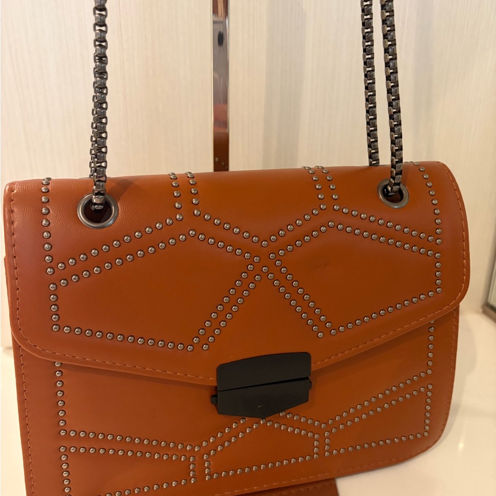Studded Tan Vegan Leather Shoulder Bag